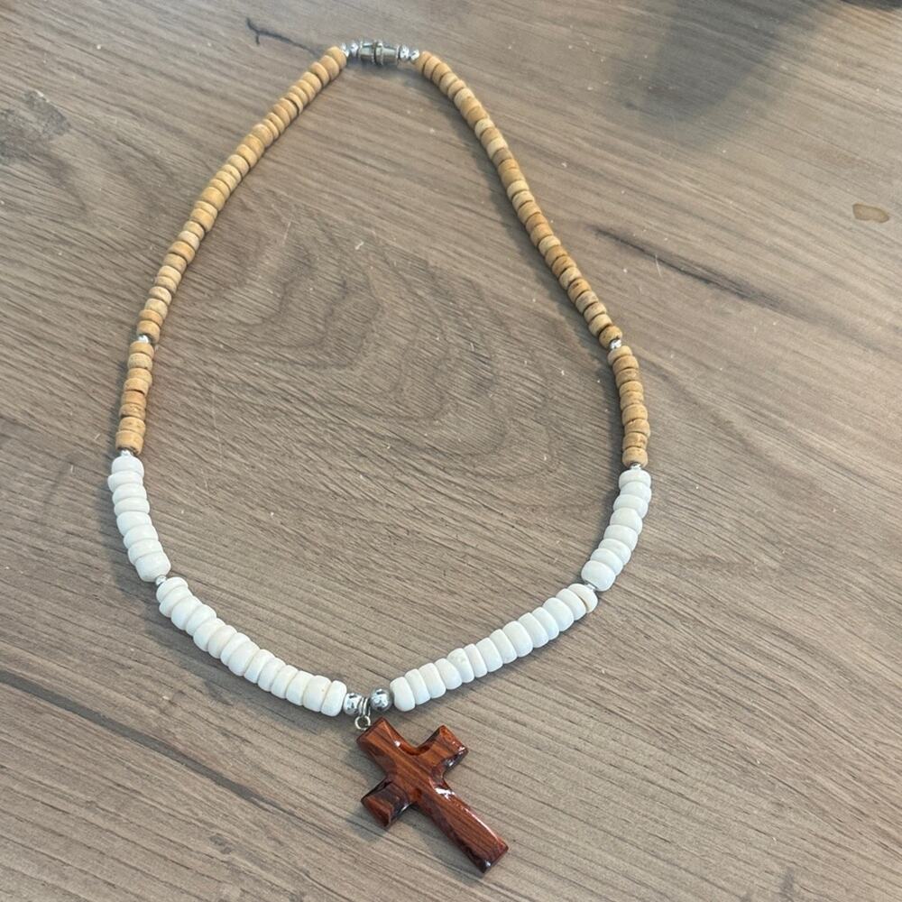 Wooden Cross Beaded Necklace